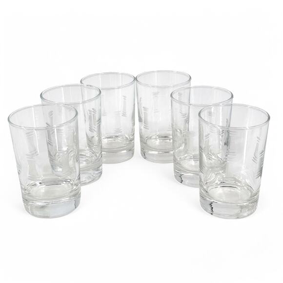 Libbey Juice Glasses Cut Etched Hourglass MCM Vintage Lot of 6 - Picture 1 of 10